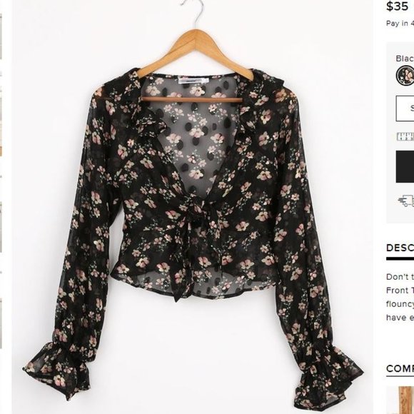 NWT Black Floral Print Ruffle Tie Front Top-Sheer - Picture 2 of 7